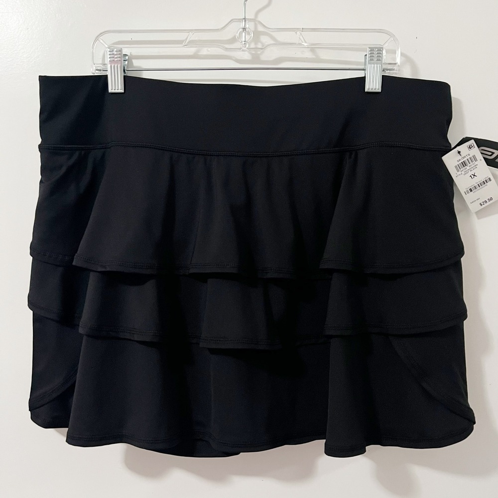 Ideology Womens 1X Deep Black Tiered Ruffle Skort Active Tennis Golf Skirt NWT